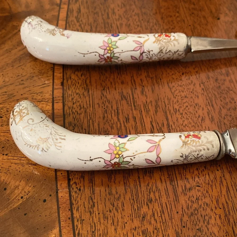 Sheffield England Cheese Slicer & Knife Set Floral Design Porcelain Handles